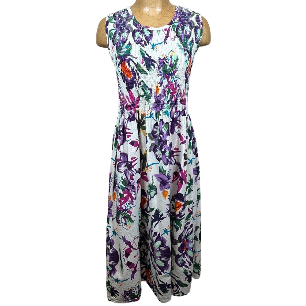 Metropolitan Floral Smocked Midi Dress White Purple Cotton Size M 90s Boho‎ Sun